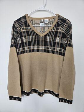 Lady Fairway Golf Sweater V-Neck Tan Black Plaid Pattern Women's Size Large L